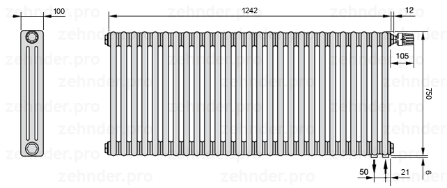 Схема (чертеж) Радиатор Zehnder Charleston 3075/27 №V002 Белый глянцевый RAL 9016